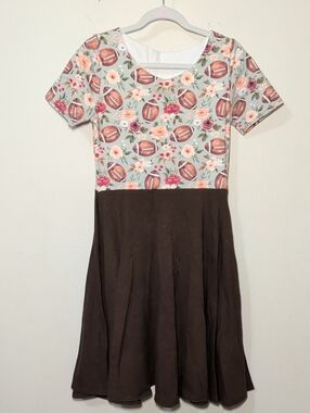 Malia + Kai Football and Flowers Twirl Dress Brown Green Pink Girls Size 10